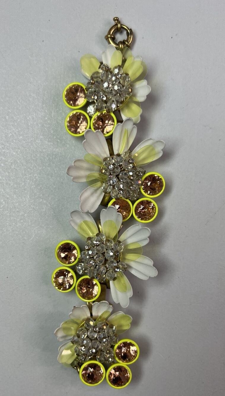 J. Crew Daisy Floral Brulee Yellow Statement Bracelet Rhinestones Vintage